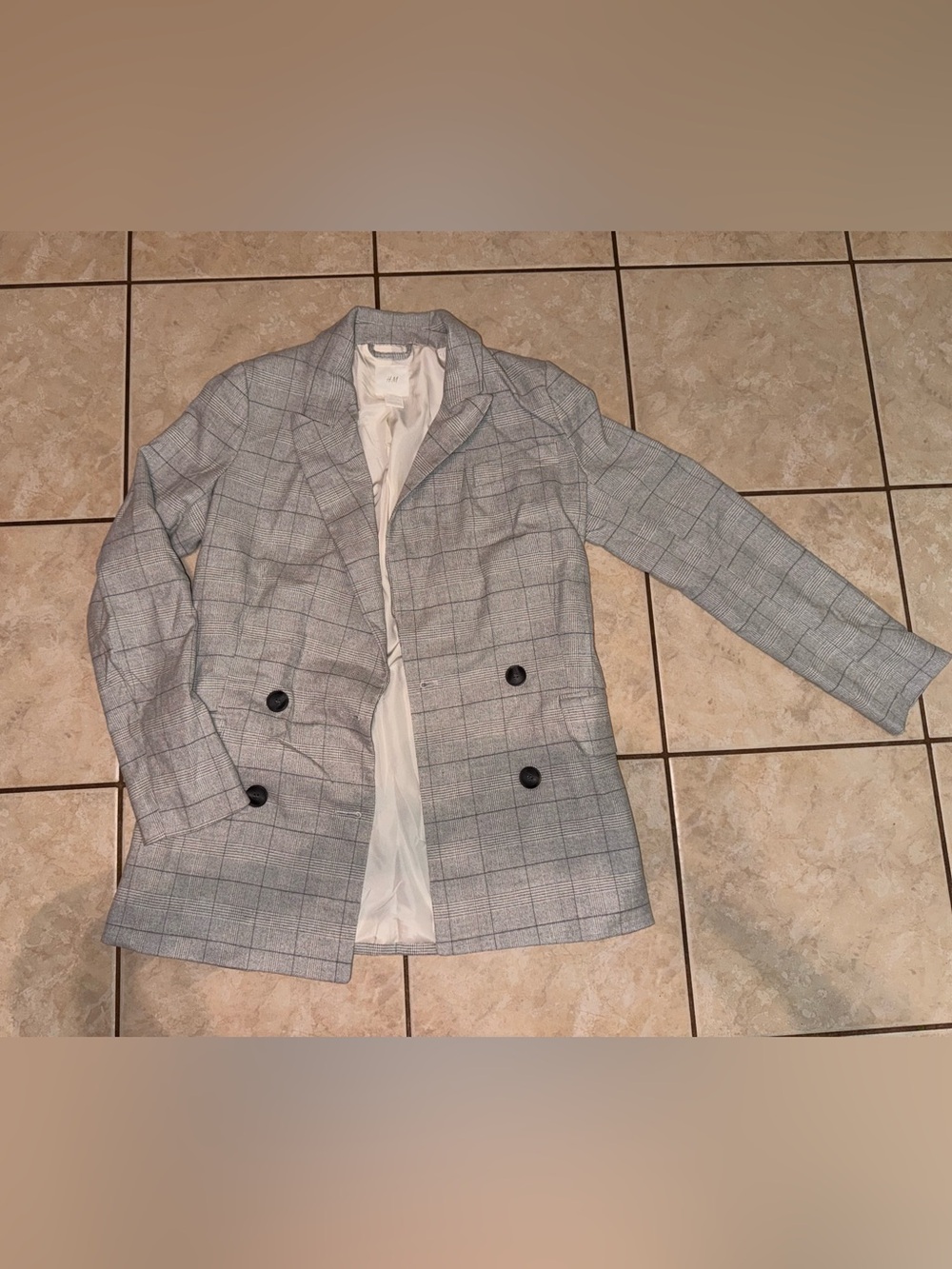 H&M Light Gray Plaid Double-Breasted Blazer